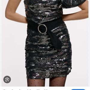 Zara Silver and Black Sequin One-Shoulder Dress